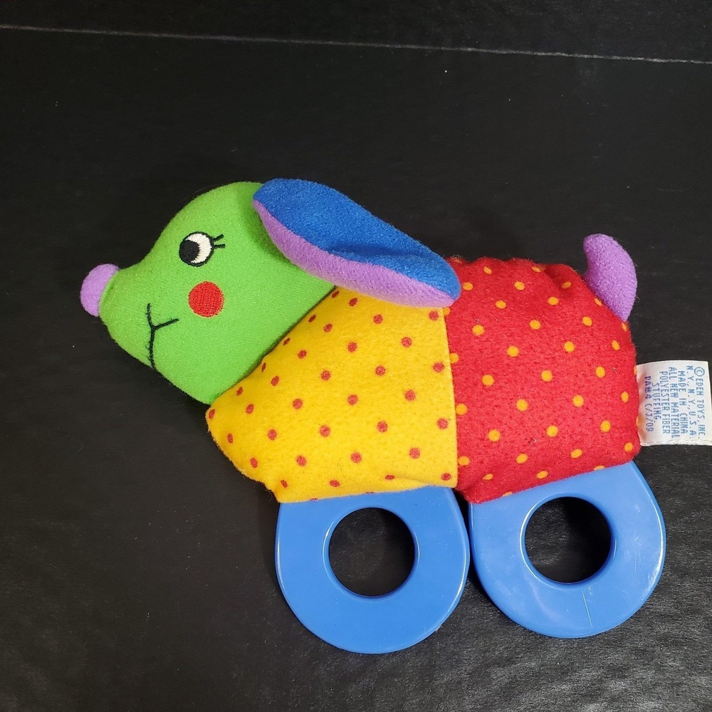 VTG EDEN Dog Plush Rattle Primary Colors Colorblock Double Ring Grabber Toy